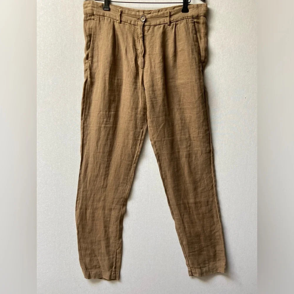 Pomandère Tan 100% Linen High Waisted Straight Leg Pants IT 44 US 34